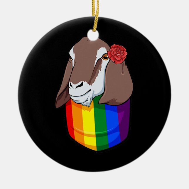 Rainbow Pocket Goat LGBT Q Cute Animal Gay Pride Ceramic Ornament (Front)