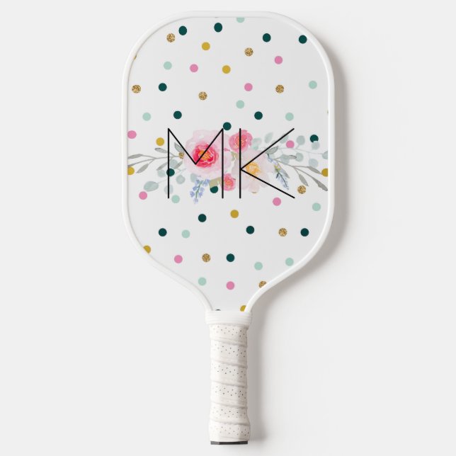 Rainbow Polka Dot Faux Gold Peony Monogram Pickleball Paddle (Front)