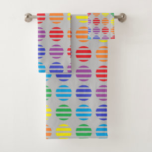 Rainbow Polka Dots and Stripes Silver Bath Towel Set
