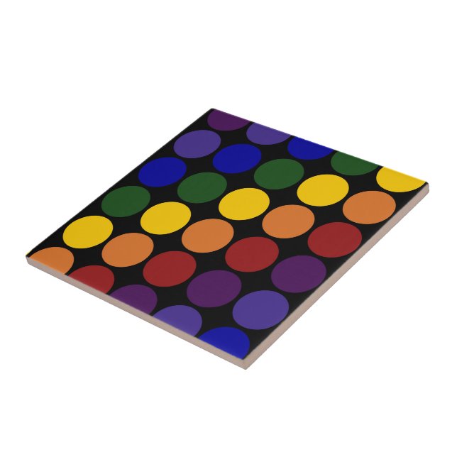Rainbow Polka Dots on Black Ceramic Tile (Side)
