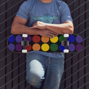 Rainbow Polka Dots on Black Skateboard