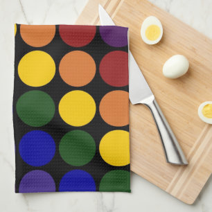 Rainbow Polka Dots on Black Tea Towel