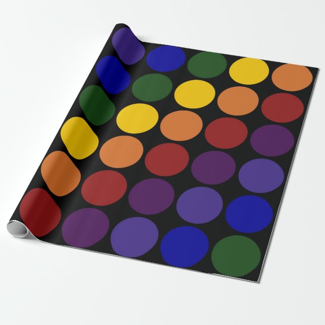 Rainbow Polka Dots on Black Wrapping Paper (Unrolled)