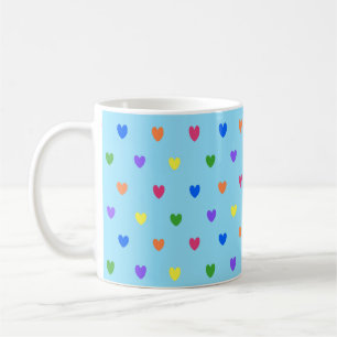 Rainbow polka hearts on baby blue coffee mug