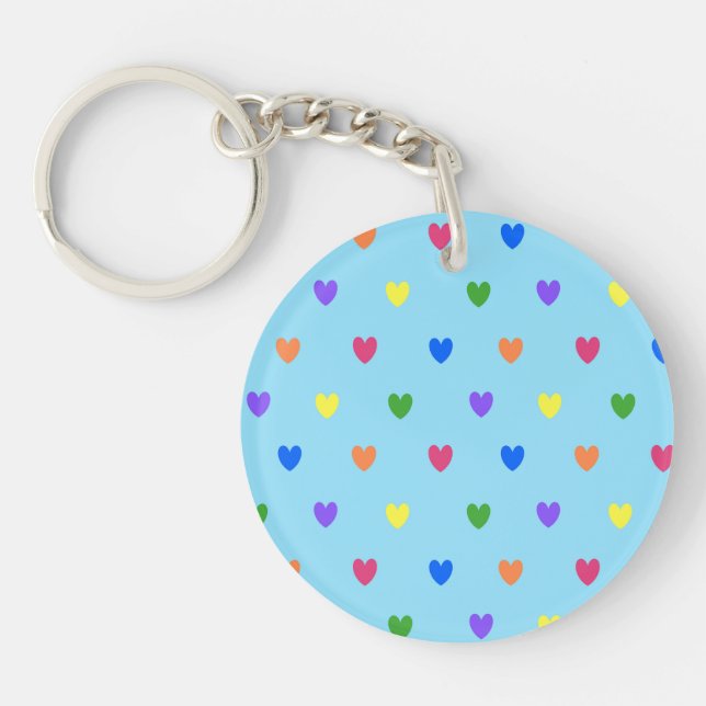 Rainbow polka hearts on baby blue key ring (Front)