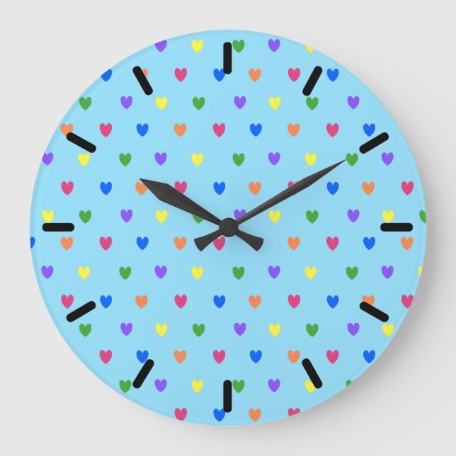Rainbow polka hearts on baby blue large clock (Front)