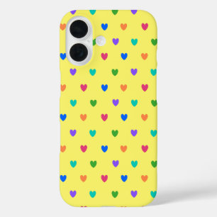 Rainbow polka hearts on yellow iPhone 16 case
