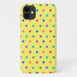 Rainbow polka hearts on yellow iPhone 11 case