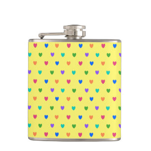 Rainbow polka hearts on yellow hip flask
