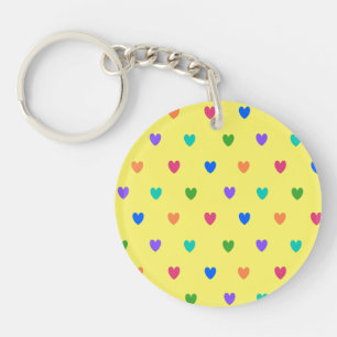 Rainbow polka hearts on yellow key ring