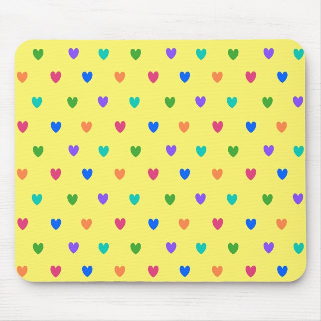Rainbow polka hearts on yellow mouse pad (Front)