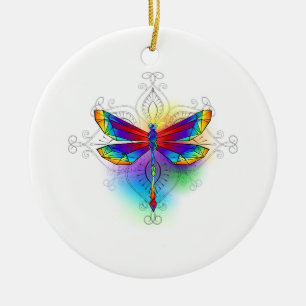 Rainbow Polygonal Dragonfly Ceramic Ornament