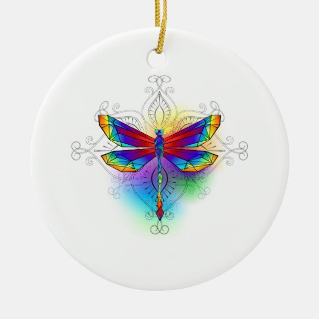 Rainbow Polygonal Dragonfly Ceramic Ornament (Front)