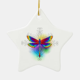 Rainbow Polygonal Dragonfly Ceramic Ornament
