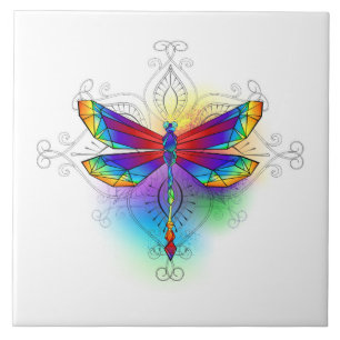 Rainbow Polygonal Dragonfly Ceramic Tile
