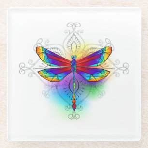 Rainbow Polygonal Dragonfly Glass Coaster
