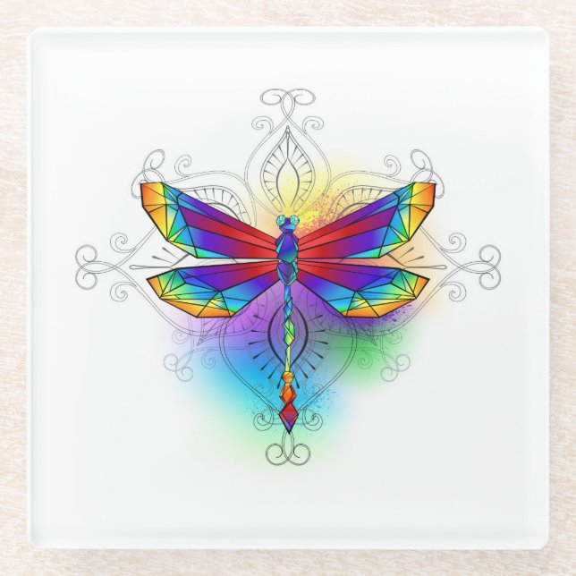 Rainbow Polygonal Dragonfly Glass Coaster (Front)