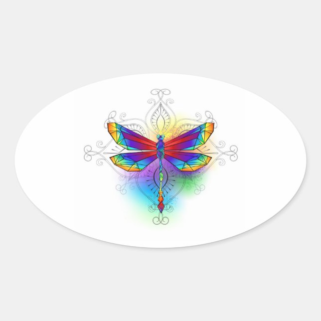 Rainbow Polygonal Dragonfly Oval Sticker (Front)