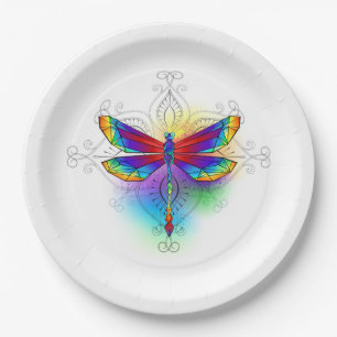 Rainbow Polygonal Dragonfly Paper Plate