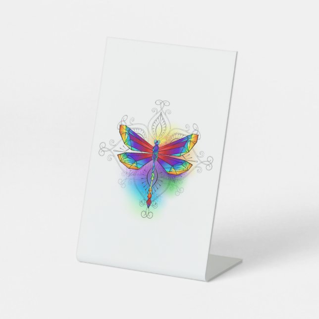 Rainbow Polygonal Dragonfly Pedestal Sign (Front)