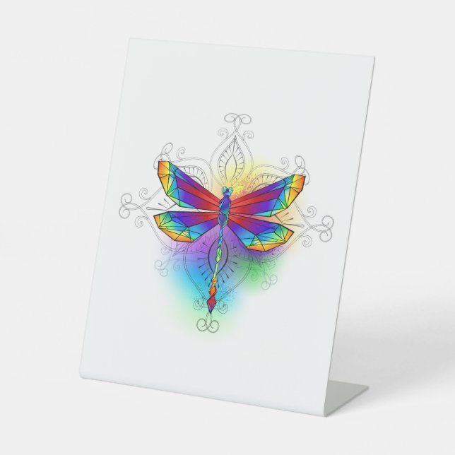 Rainbow Polygonal Dragonfly Pedestal Sign (Front)