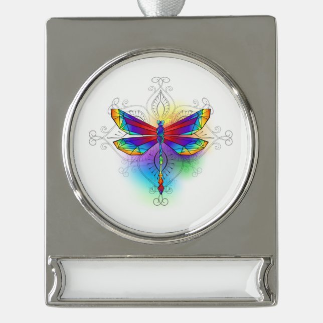 Rainbow Polygonal Dragonfly Silver Plated Banner Ornament (Front)