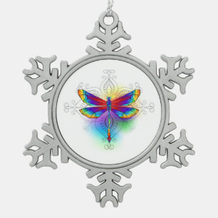 Rainbow Polygonal Dragonfly Snowflake Pewter Christmas Ornament