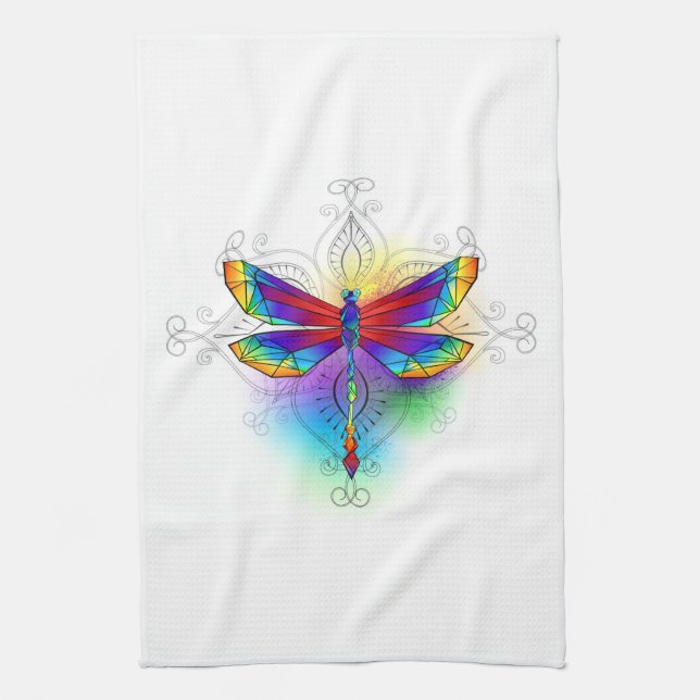 Rainbow Polygonal Dragonfly Tea Towel (Vertical)
