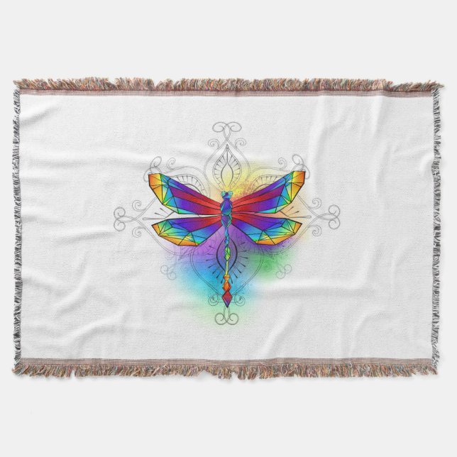 Rainbow Polygonal Dragonfly Throw Blanket (Front)