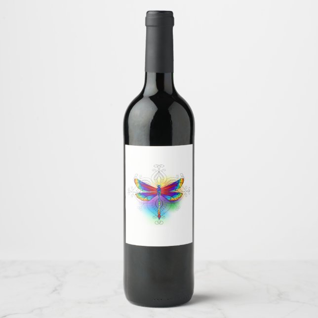 Rainbow Polygonal Dragonfly Wine Label (Front)