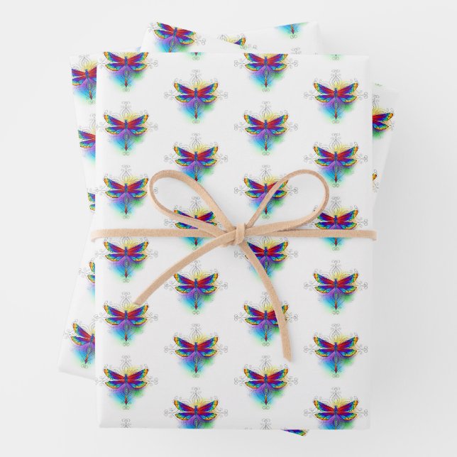 Rainbow Polygonal Dragonfly Wrapping Paper Sheet (In situ)