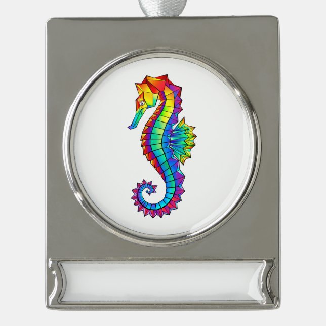 Rainbow Polygonal Seahorse Silver Plated Banner Ornament (Front)