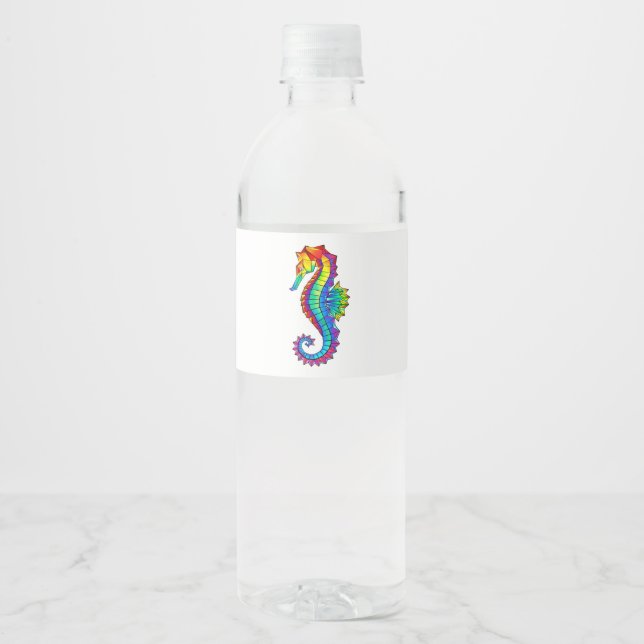 Rainbow Polygonal Seahorse Water Bottle Label (Front)