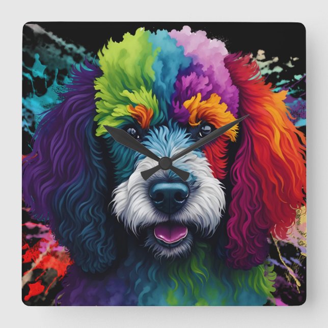 Rainbow Poodle Watercolor Square Wall Clock (Front)