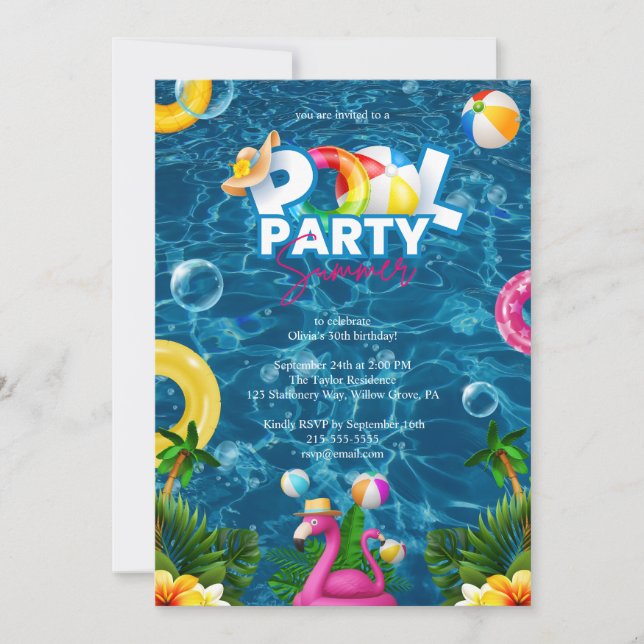 Rainbow Pool Party Birthday Invitation  (Front)