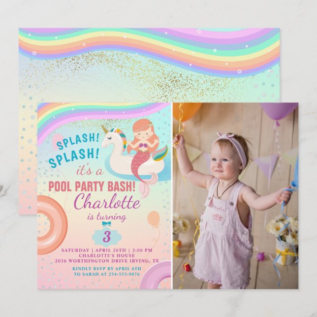 Rainbow Pool Party Unicorn Mermaid Birthday Photo Invitation (Front/Back)