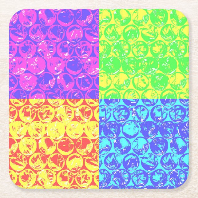 Rainbow pop art bubble wrap square paper coaster (Front)