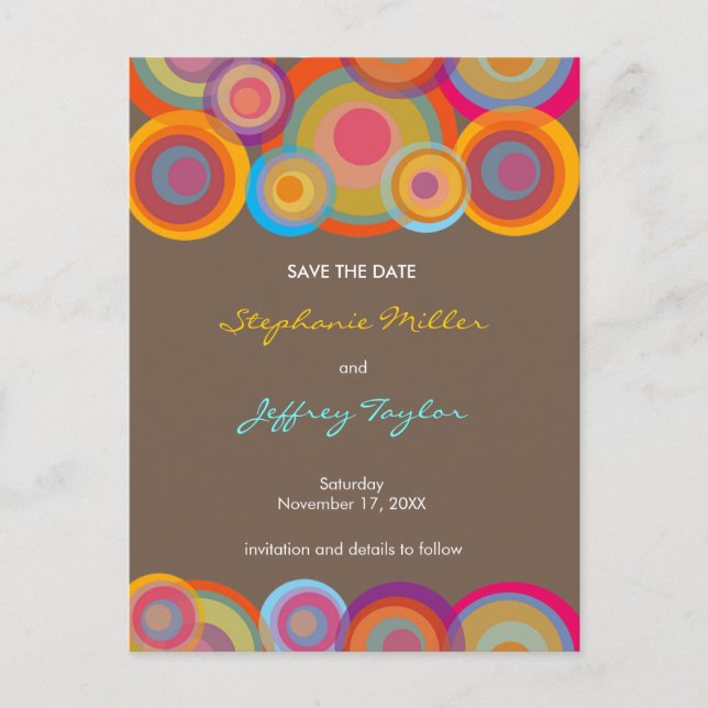 Rainbow Pop Circles Save The Date Wedding Postcard (Front)
