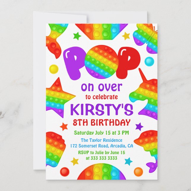 Rainbow Pop It Fidget Toy Birthday Party Girl's Invitation (Front)