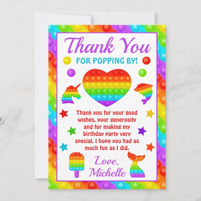 Rainbow Pop It Fidget Toy Birthday Party Thank You Card (Front)