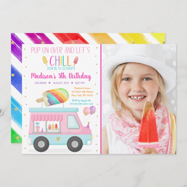 Rainbow Popsicle Ice Cream Truck Birthday Invitation (Front/Back)