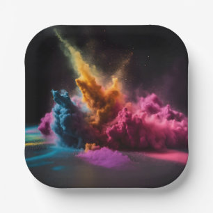 Rainbow Powder Blast On Black Paper Plate