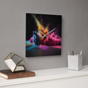 Rainbow Powder Blast On Black Square Wall Clock