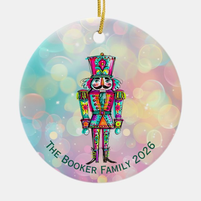 Rainbow Pride Pink Nutcracker Christmas Ceramic Ornament (Front)
