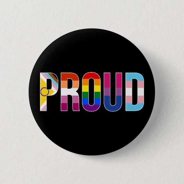 Rainbow Pride 'Proud': LGBTQ Flag Colours Letterin 6 Cm Round Badge (Front)