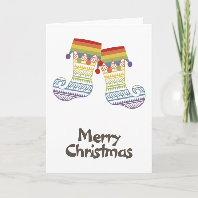 Rainbow Pride Whimsical Christmas Stockings Holiday Card (Front)