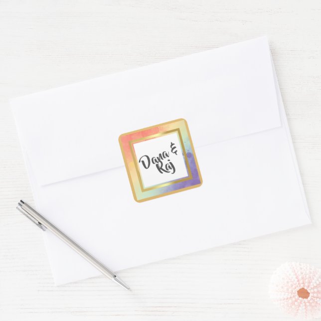 Rainbow Pride with Gold Frame Wedding  Square Sticker (Envelope)