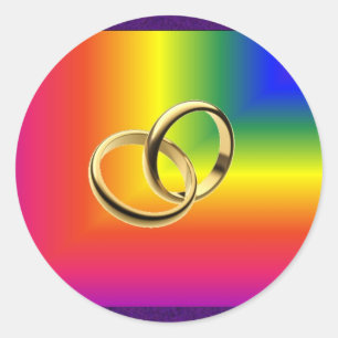Rainbow Pride with Gold Wedding Bands Classic Round Sticker