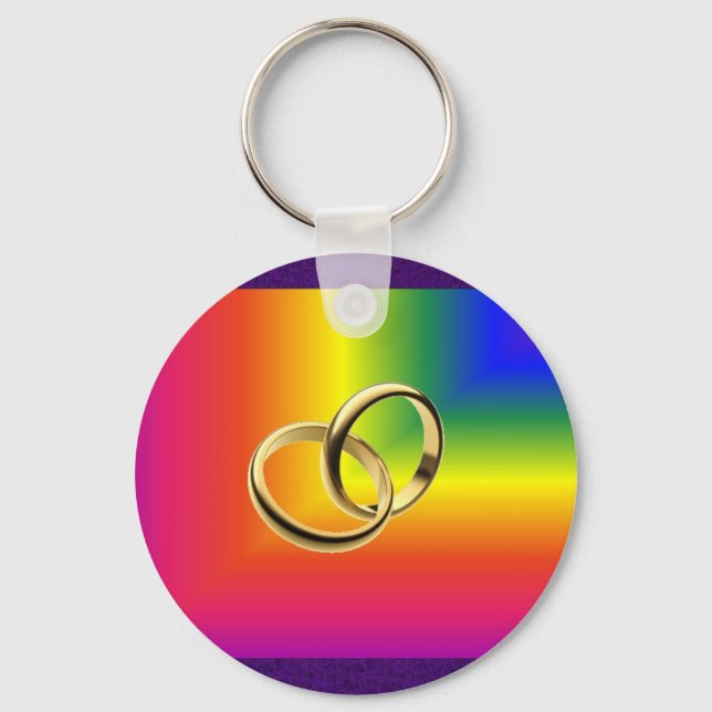 Rainbow Pride with Gold Wedding Bands Key Ring (Front)