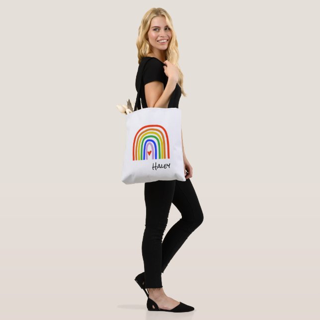 Rainbow Primary Colours Black White Custom Name Tote Bag (On Model)